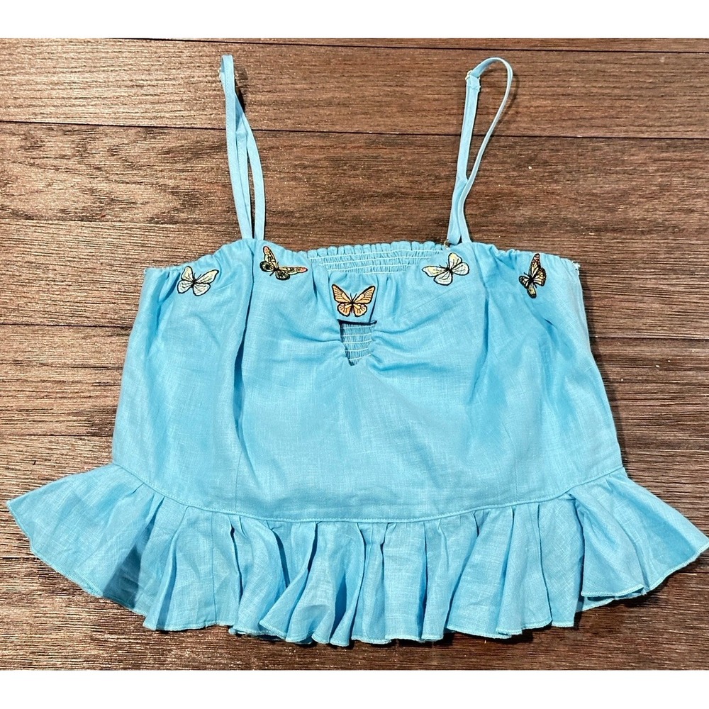 NWT Fanm Mon XL‎ 100%  Linen Embroidered Butterfly Sleeveless Peplum Crop Top